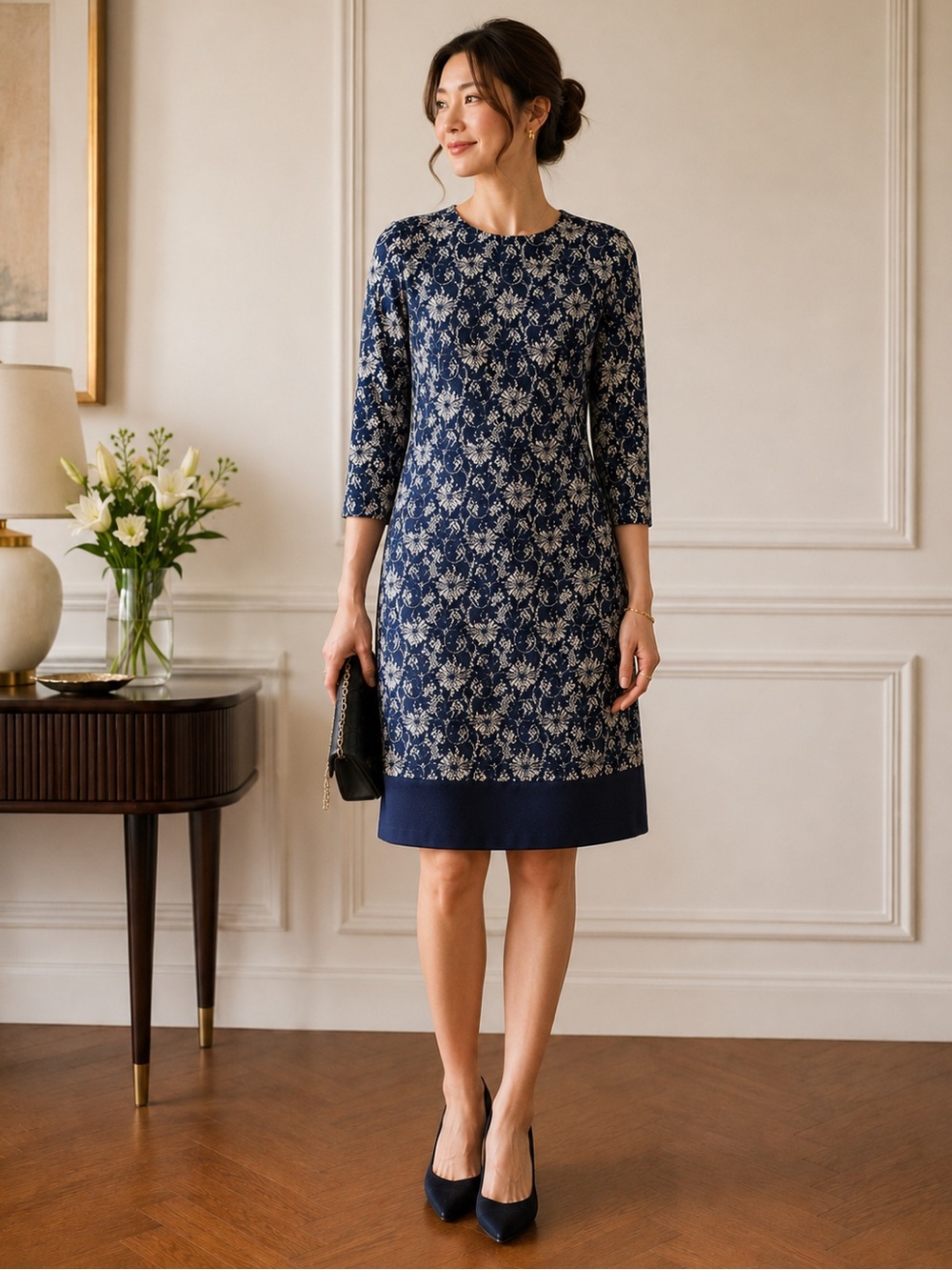 Luxology Floral Lace Overlay Shift Dress Sz 8 Solid Hem Blue Mixed Media Office